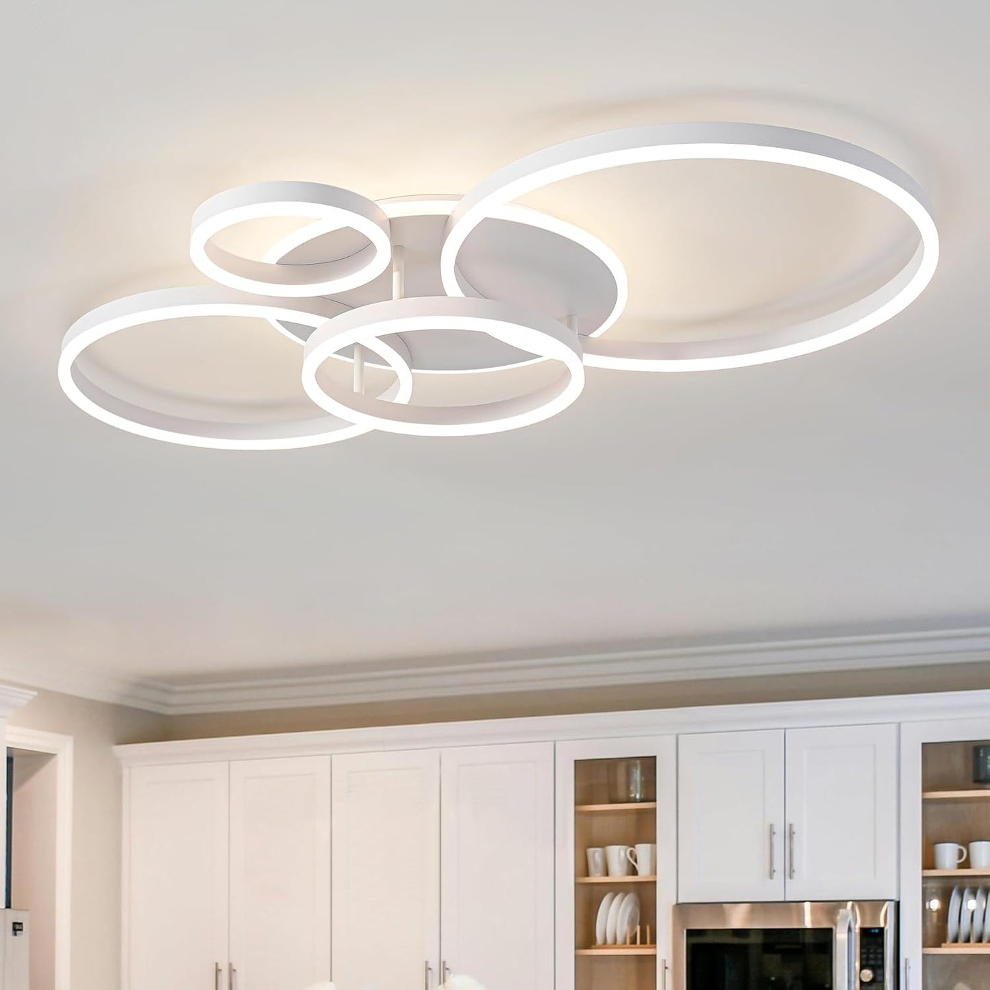 O'NEELDY Modern LED Ceiling Light White Flush Mount Ceiling Lights Fixtures Dimmable 47" Dining Room Light Fixture with Remote 6 Rings Kitchen Lighting Fixtures Ceiling Lamp for Bedroom,Living Room