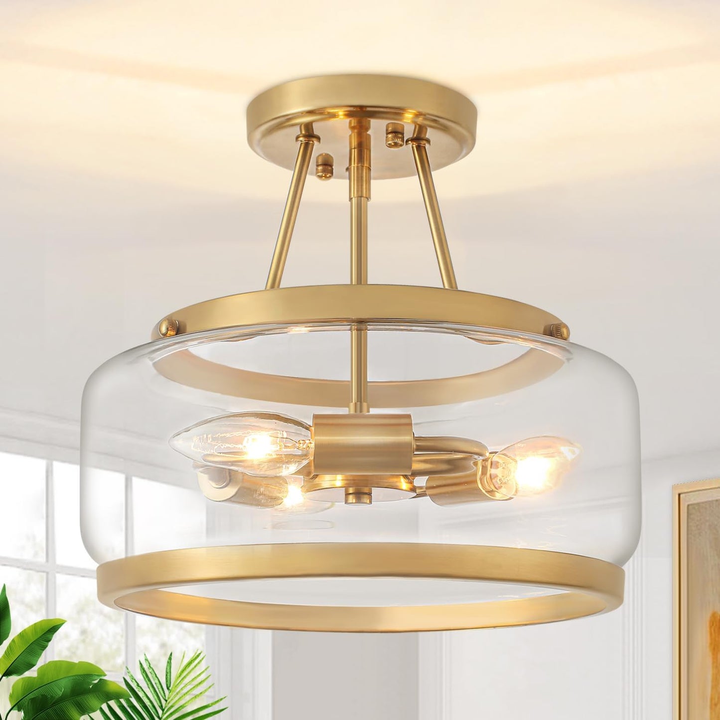 Brushed Nickel Modern Glass Ceiling Light, 3-Light Drum Semi Flush Mount Ceiling Light Fixture, Entryway Light Fixture, Ceiling Lamp for Hallway Bedroom Laundry Kitchen Dining Room Lighting, UL-Listed