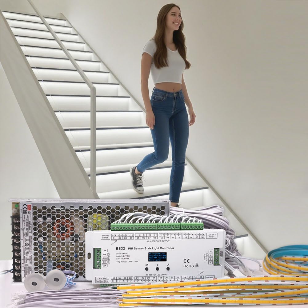 Intelligent Motion Sensor Stair Lights Indoor Staircase Lighting Kit ES32 PIR Sensor 4Feet Wide Cuttable Daylight White Dotless COB LED Strips 20PCS Complete Item (6000k)