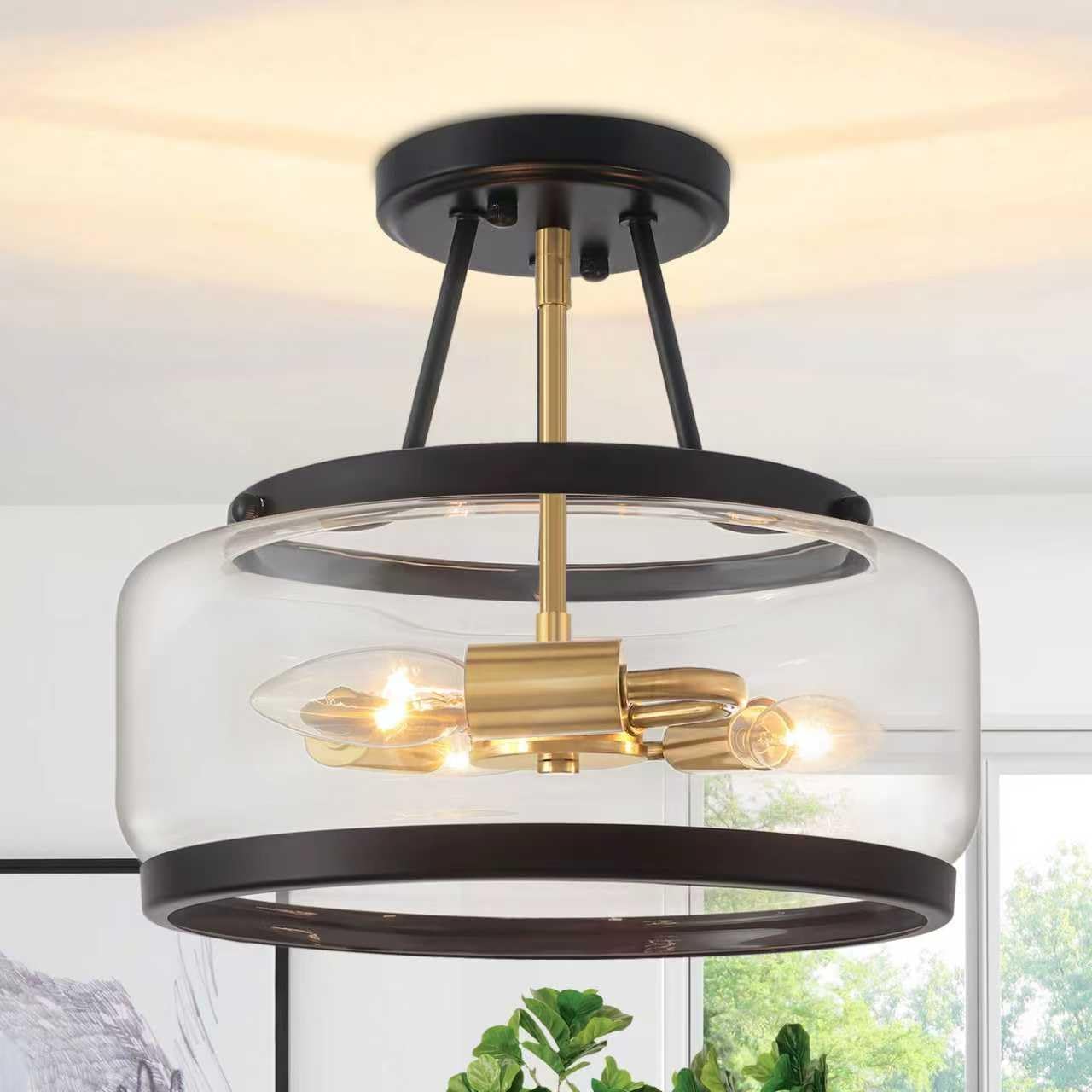 Brushed Nickel Modern Glass Ceiling Light, 3-Light Drum Semi Flush Mount Ceiling Light Fixture, Entryway Light Fixture, Ceiling Lamp for Hallway Bedroom Laundry Kitchen Dining Room Lighting, UL-Listed