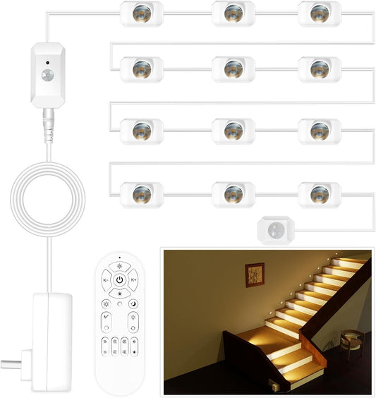Upgraded Smart Stair Lights Motion Sensor Indoor, Plug-In Stairway Lights Indoor Hallway Baseboard Lighting with Cascading Effect, Dimmable, 3000K-6000K (12 Stairs)