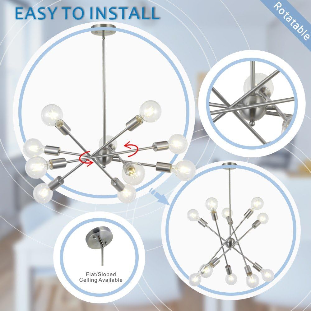 BONLICHT Modern Sputnik Chandelier Lighting 10 Lights with Adjustable Arms Mid Century Brushed Nickel Pendant Lighting for Kitchen Living Room Dining Room Foyer