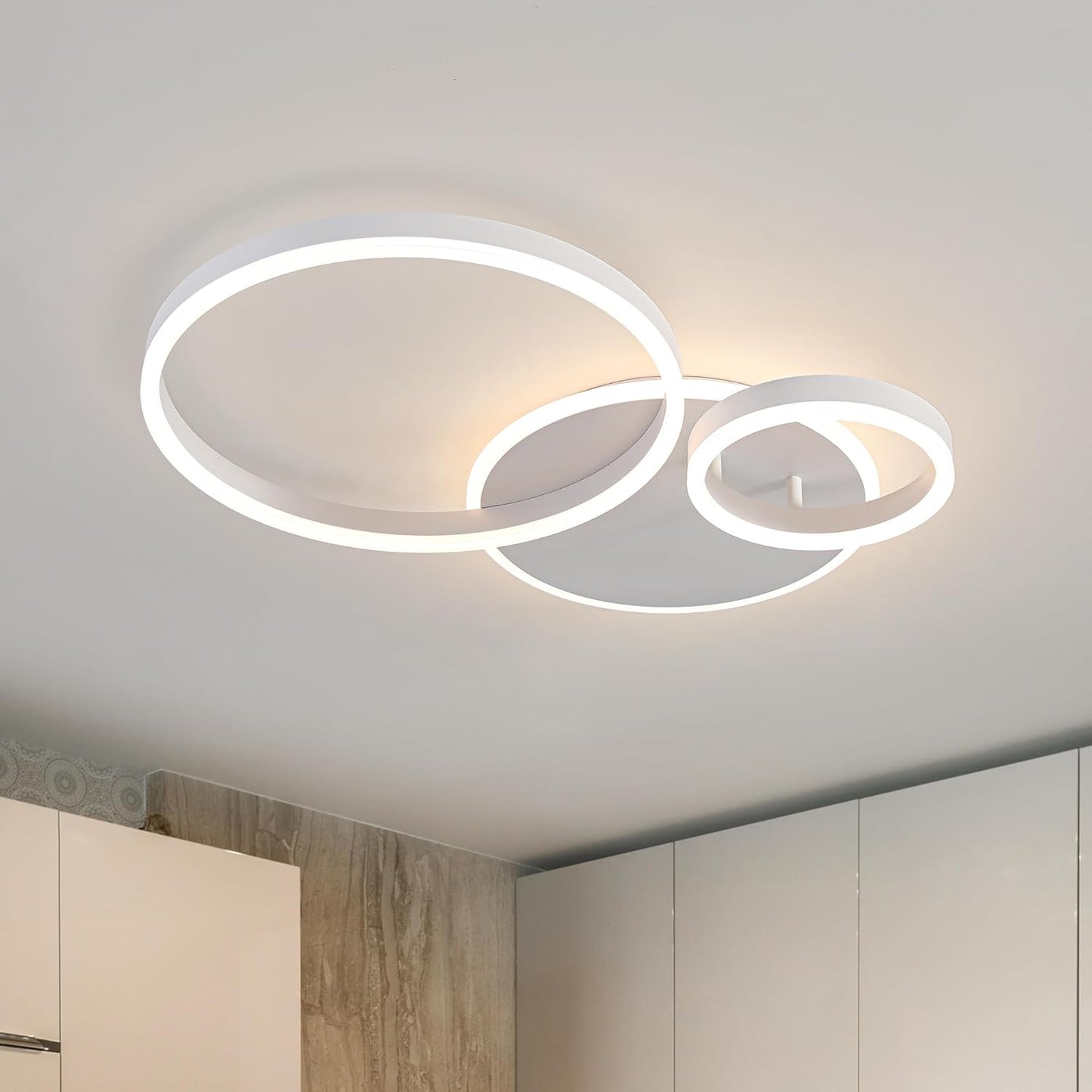 O'NEELDY Modern LED Ceiling Light White Flush Mount Ceiling Lights Fixtures Dimmable 47" Dining Room Light Fixture with Remote 6 Rings Kitchen Lighting Fixtures Ceiling Lamp for Bedroom,Living Room
