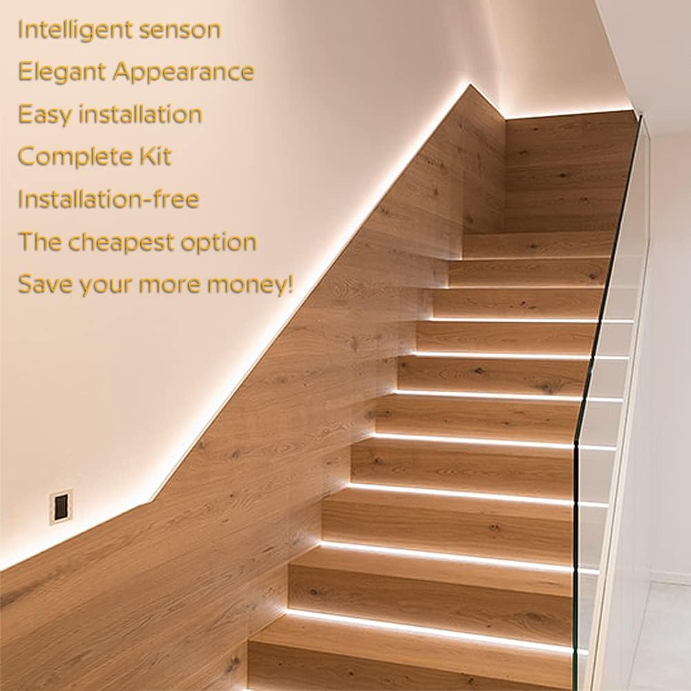 Intelligent Motion Sensor Stair Lights Indoor Staircase Lighting Kit ES32 PIR Sensor 4Feet Wide Cuttable Daylight White Dotless COB LED Strips 20PCS Complete Item (6000k)