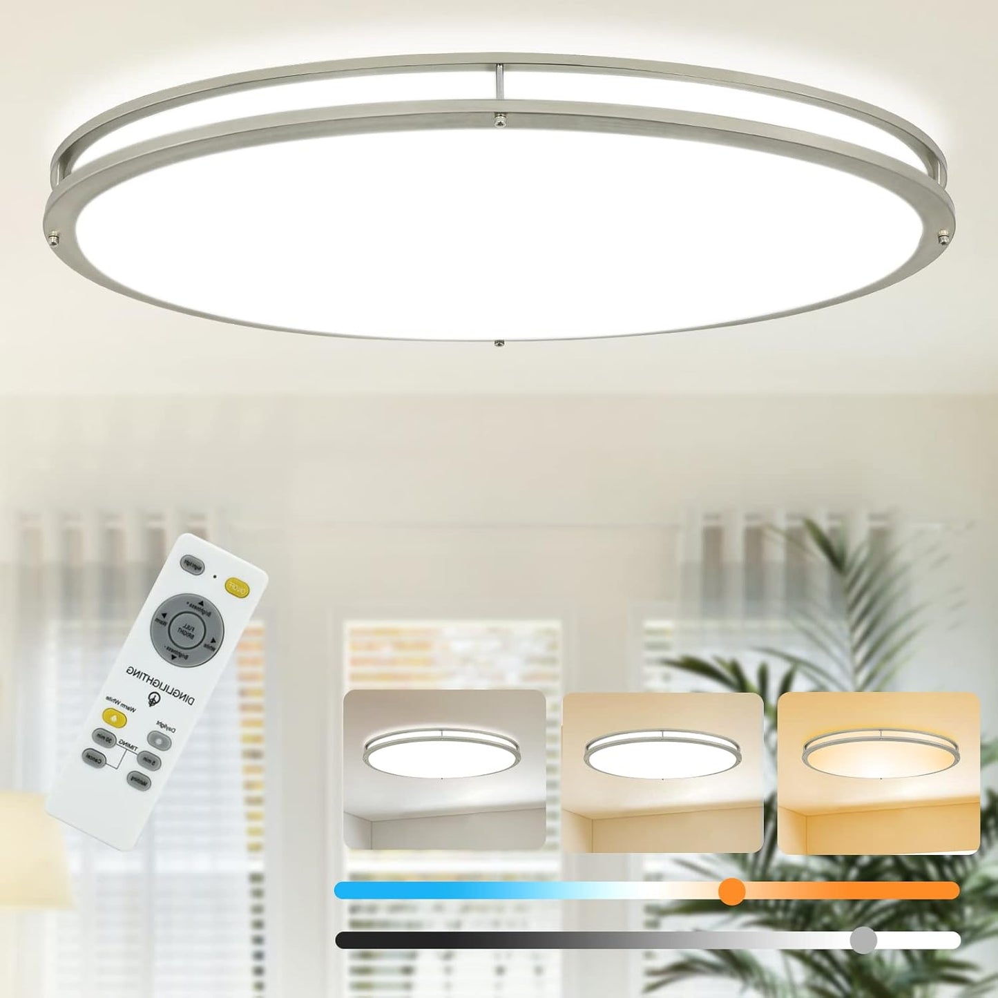 DLLT 65W Dimmable LED Flush Mount Ceiling Light with Remote, 32" Oval Brush Nickel Finish Close to Ceiling Light Fixture for Bedroom/Living Room/Kitchen Lighting, 3CCT Adjustable, Black