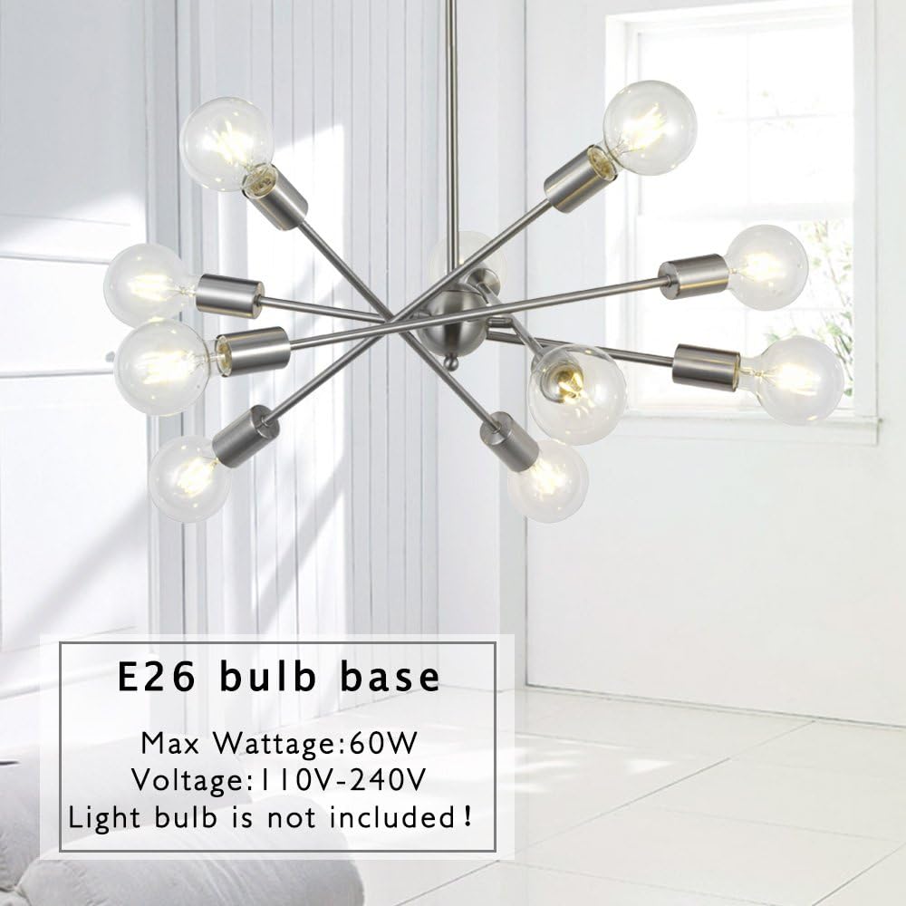BONLICHT Modern Sputnik Chandelier Lighting 10 Lights with Adjustable Arms Mid Century Brushed Nickel Pendant Lighting for Kitchen Living Room Dining Room Foyer