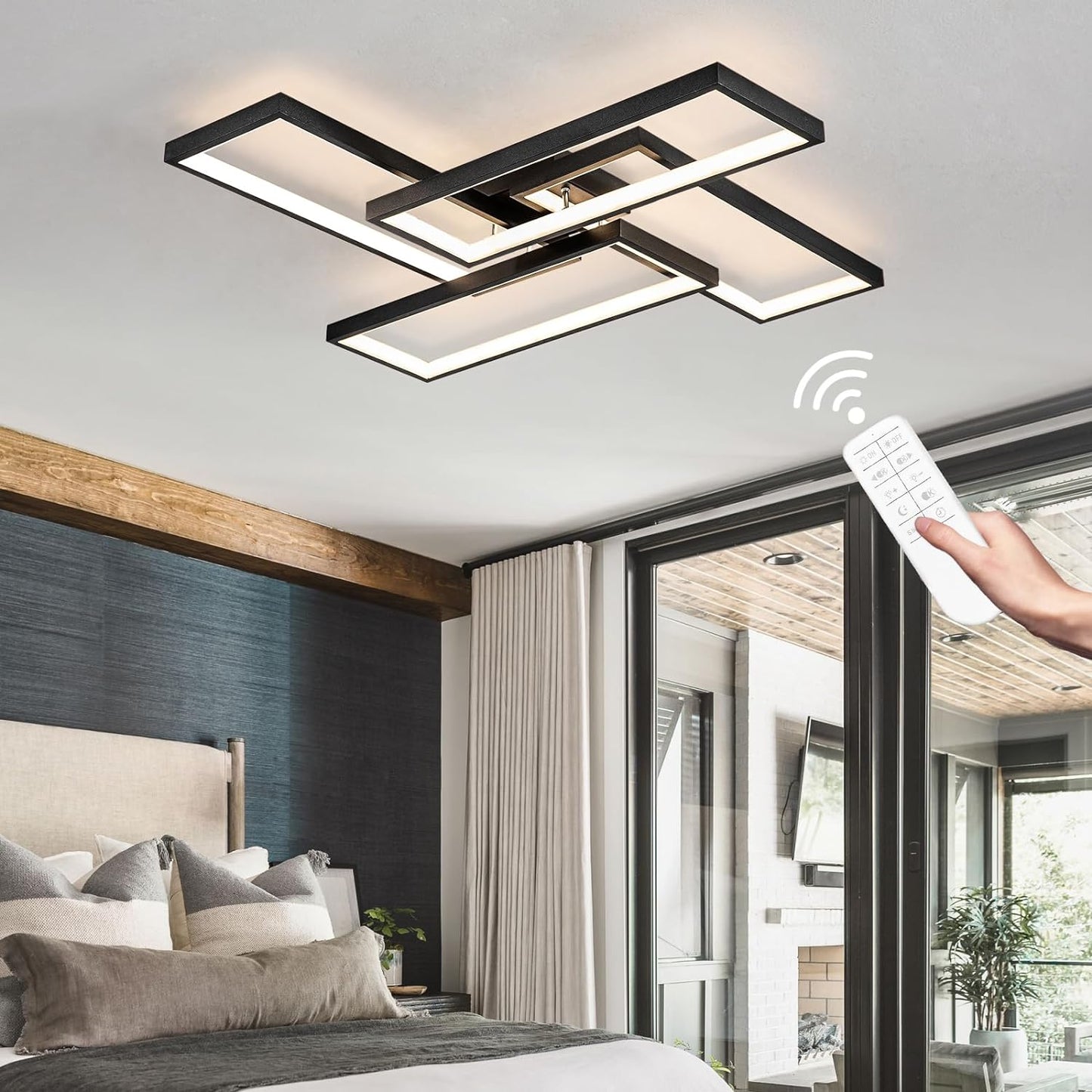 Modern LED Ceiling Light Fixture Black Kitchen Lighting Fixtures Ceiling for Bedroom 31.5" Dimmable 6 Ring Square Ceiling Light for Kitchen with Remote Control for Living Room,Dining Room