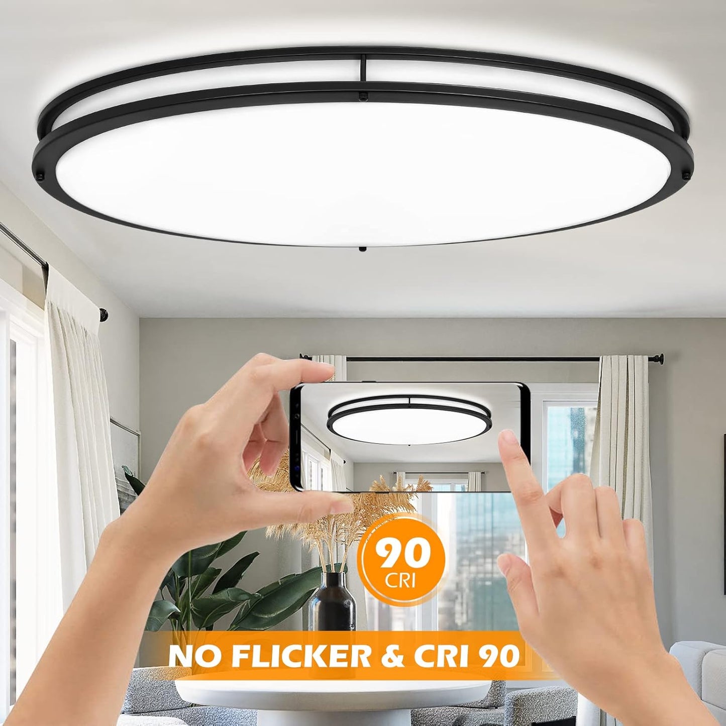 DLLT 65W Dimmable LED Flush Mount Ceiling Light with Remote, 32" Oval Brush Nickel Finish Close to Ceiling Light Fixture for Bedroom/Living Room/Kitchen Lighting, 3CCT Adjustable, Black