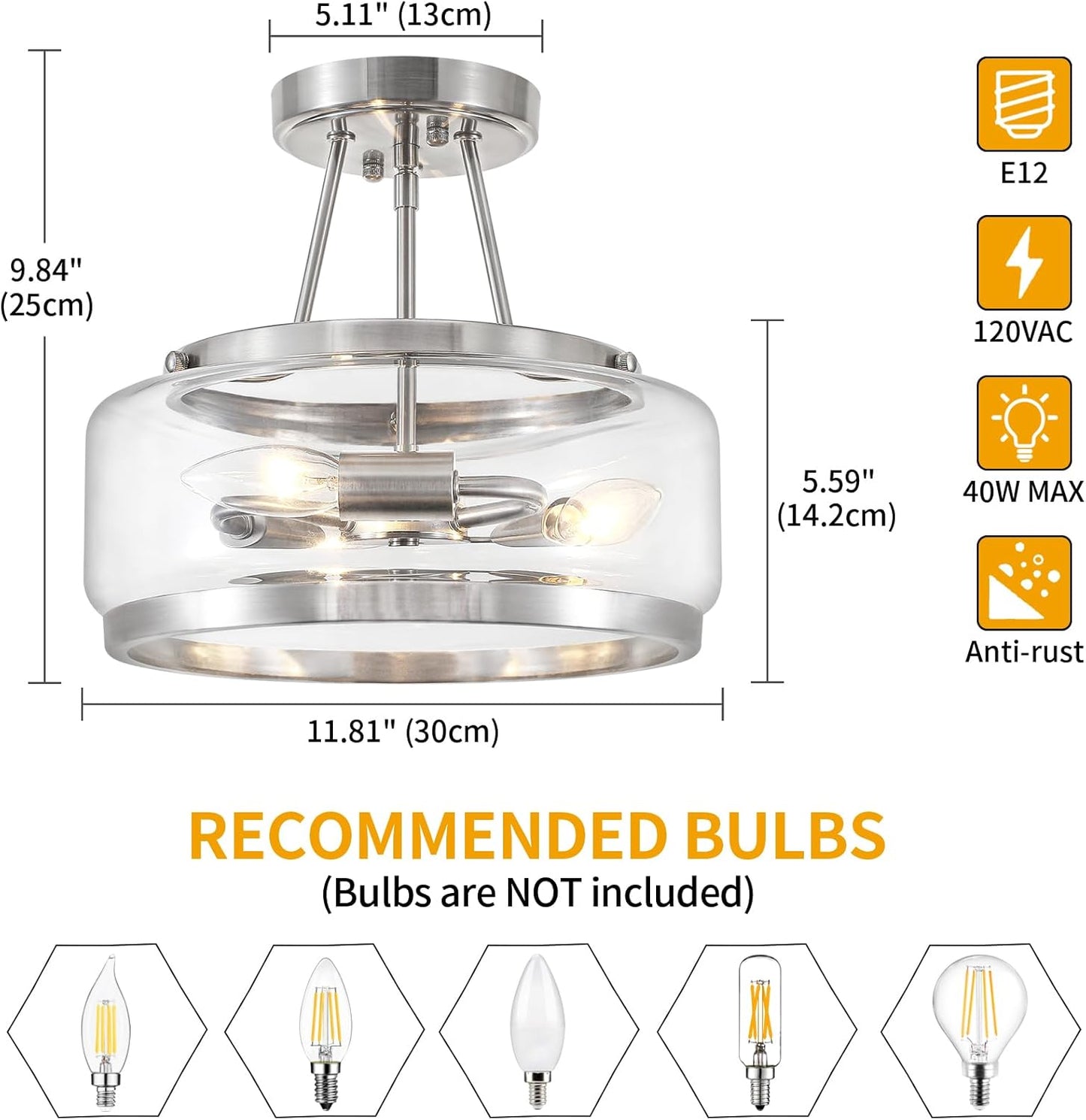 Brushed Nickel Modern Glass Ceiling Light, 3-Light Drum Semi Flush Mount Ceiling Light Fixture, Entryway Light Fixture, Ceiling Lamp for Hallway Bedroom Laundry Kitchen Dining Room Lighting, UL-Listed