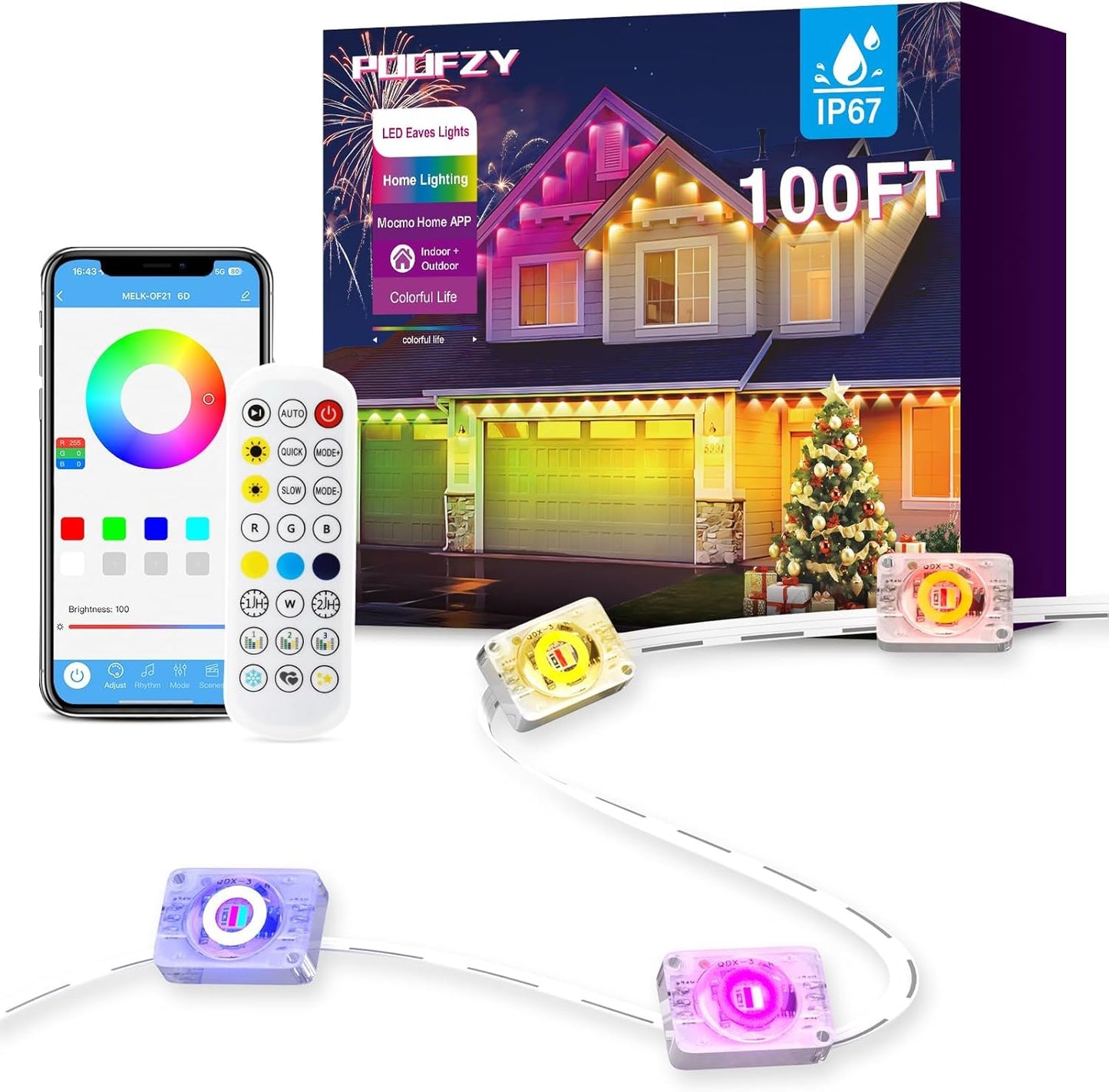 POOFZY Permanent Outdoor Lights for House, 200ft RGB+IC Smart Outdoor Decor, 50 Scene Modes, App/Remote Control, IP68 Waterproof, for Christmas, Holiday, Daily & Pool Party Decor, House Roof Lighting