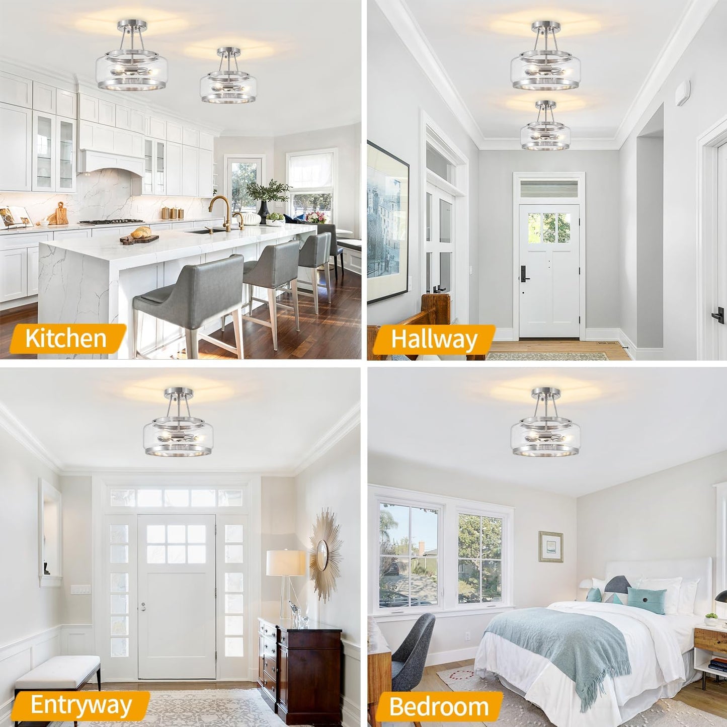 Brushed Nickel Modern Glass Ceiling Light, 3-Light Drum Semi Flush Mount Ceiling Light Fixture, Entryway Light Fixture, Ceiling Lamp for Hallway Bedroom Laundry Kitchen Dining Room Lighting, UL-Listed