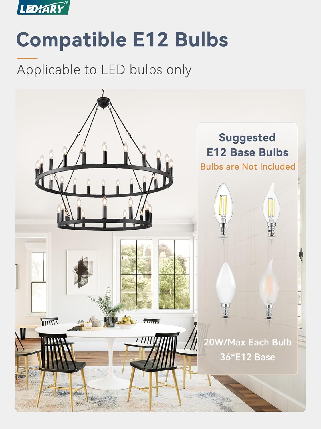 LEDIARY 48 Inch 36-Light Wagon Wheel Chandelier, 2 Tier Black Farmhouse Chandeliers for Dining Room, Modern Rustic Extra Large Round Hanging Light Fixture for High Ceilings, Living Room, Foyer