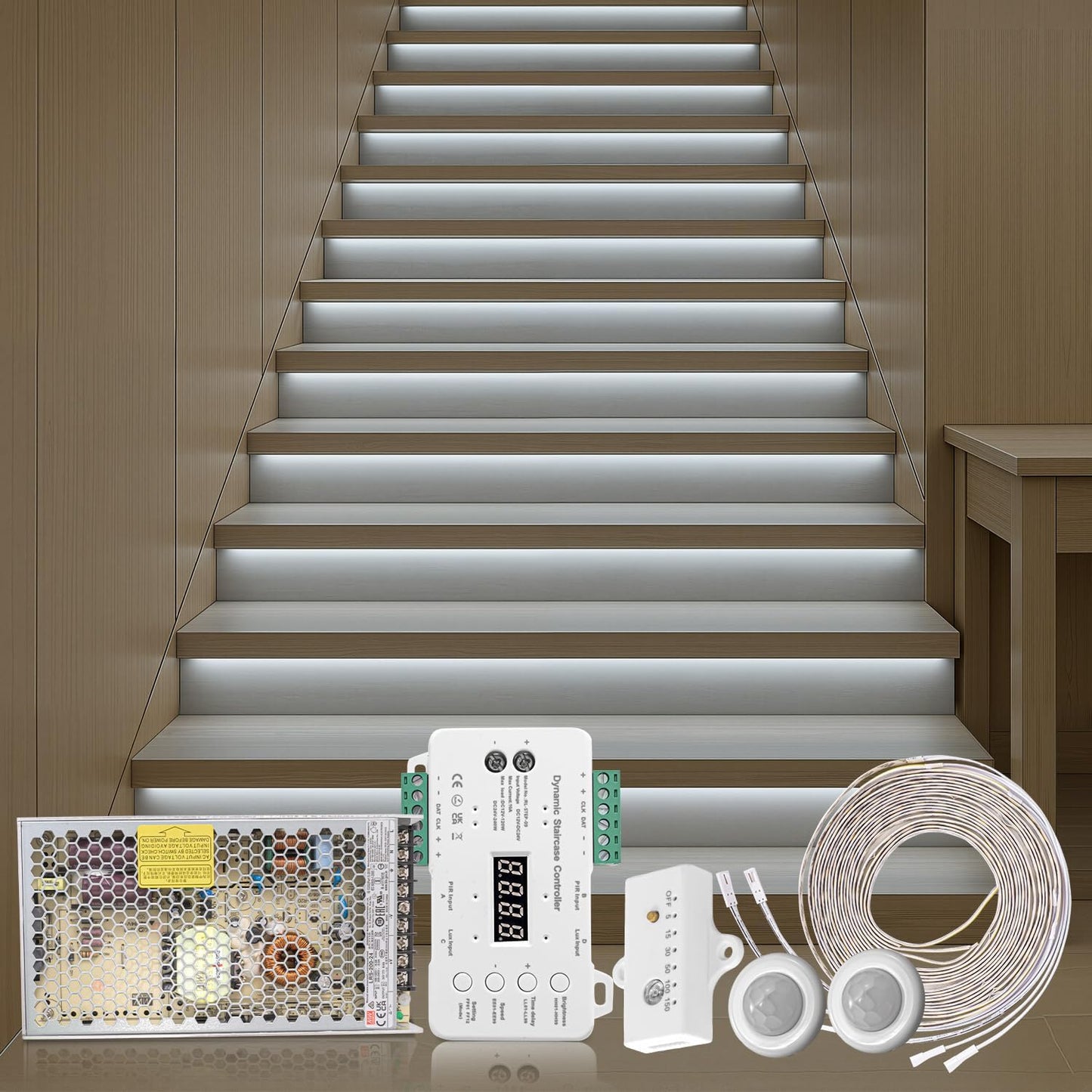Intelligent Motion Triggered LED Stair Lighting Kit, 60 Inches Long Cuttable LED Strip Light for Indoor Stair Lights (Warm White 3000K, 10-15 Stairs)