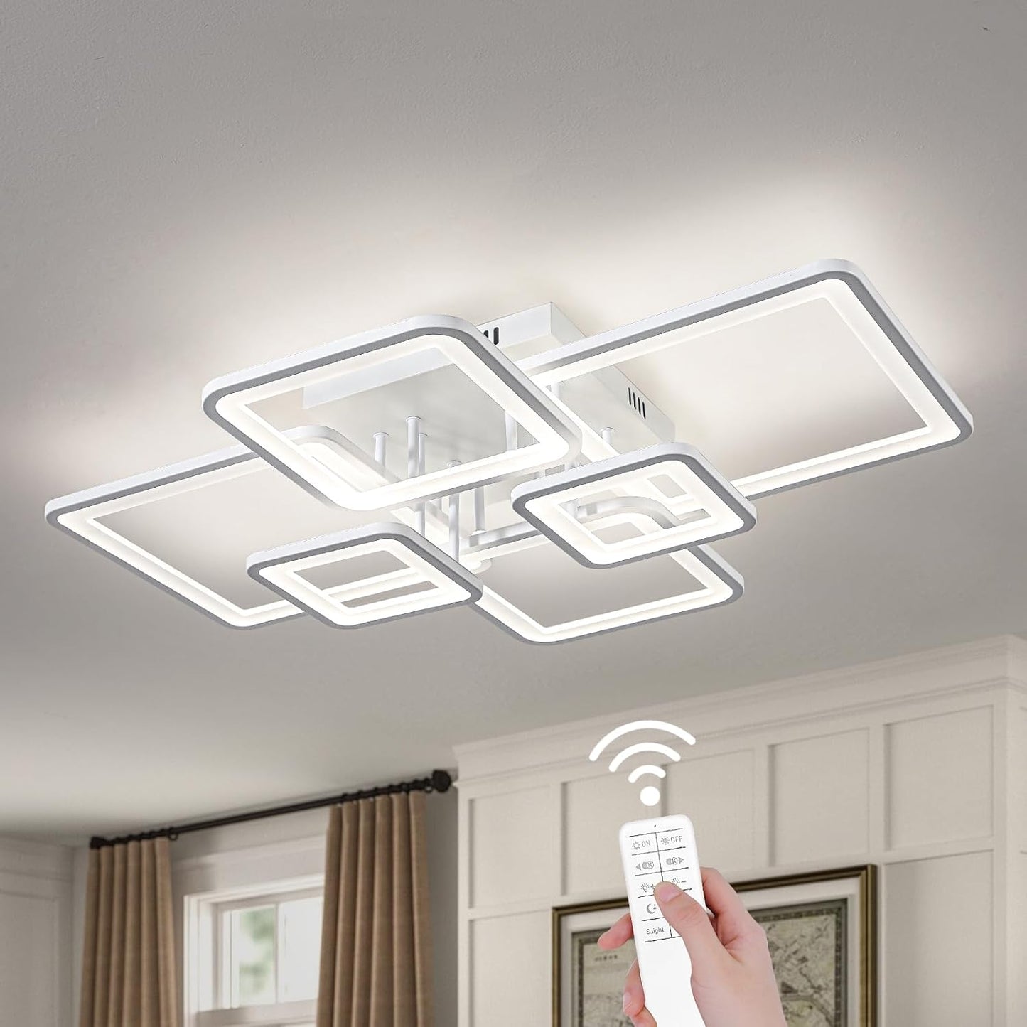 Modern LED Ceiling Light Fixture Black Kitchen Lighting Fixtures Ceiling for Bedroom 31.5" Dimmable 6 Ring Square Ceiling Light for Kitchen with Remote Control for Living Room,Dining Room