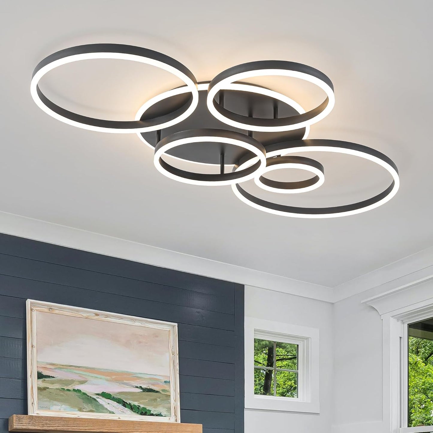 O'NEELDY Modern LED Ceiling Light White Flush Mount Ceiling Lights Fixtures Dimmable 47" Dining Room Light Fixture with Remote 6 Rings Kitchen Lighting Fixtures Ceiling Lamp for Bedroom,Living Room