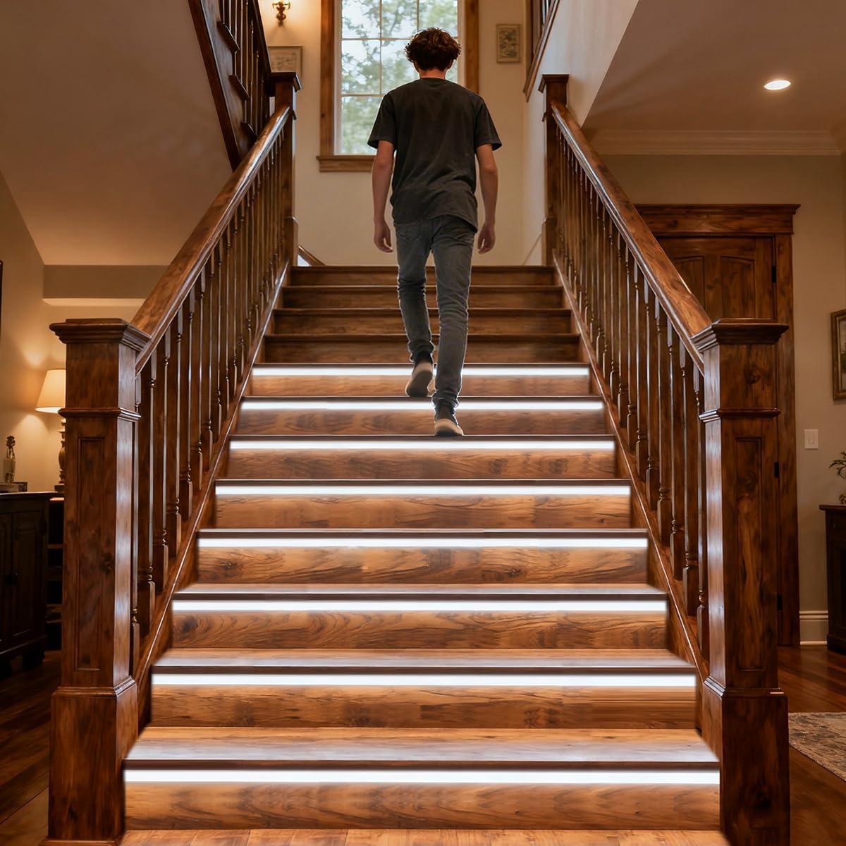 Intelligent Motion Sensor Stair Lights Indoor Staircase Lighting Kit ES32 PIR Sensor 4Feet Wide Cuttable Daylight White Dotless COB LED Strips 20PCS Complete Item (6000k)