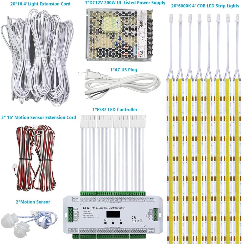 Intelligent Motion Sensor Stair Lights Indoor Staircase Lighting Kit ES32 PIR Sensor 4Feet Wide Cuttable Daylight White Dotless COB LED Strips 20PCS Complete Item (6000k)