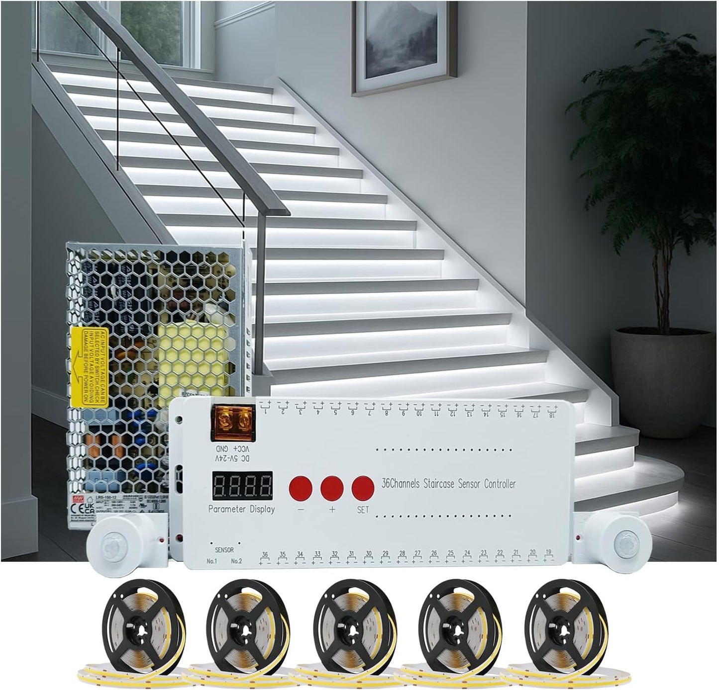 Motion Triggered LED Stair Lights Indoor, 40" Cuttable Motion Sensor COB LED Strip Light Kit with 9 Modes Ideal for Indoor Step Lights(Warm White 3000K, 16 Stairs)