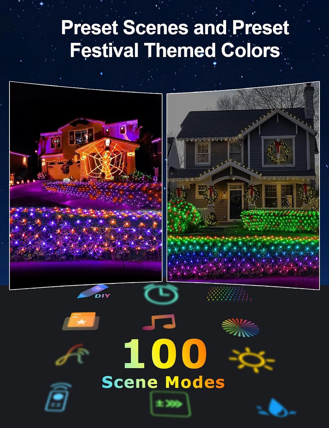 Smart Outdoor Net Lights 4 * 18ft with RGBW DIY Modes, 300 LEDs Christmas Net Lights with 100+ Preset Scenes and Timer Music Sync, Waterproof for Bushes Shrubs Tree Decoration, APP & Remote Control
