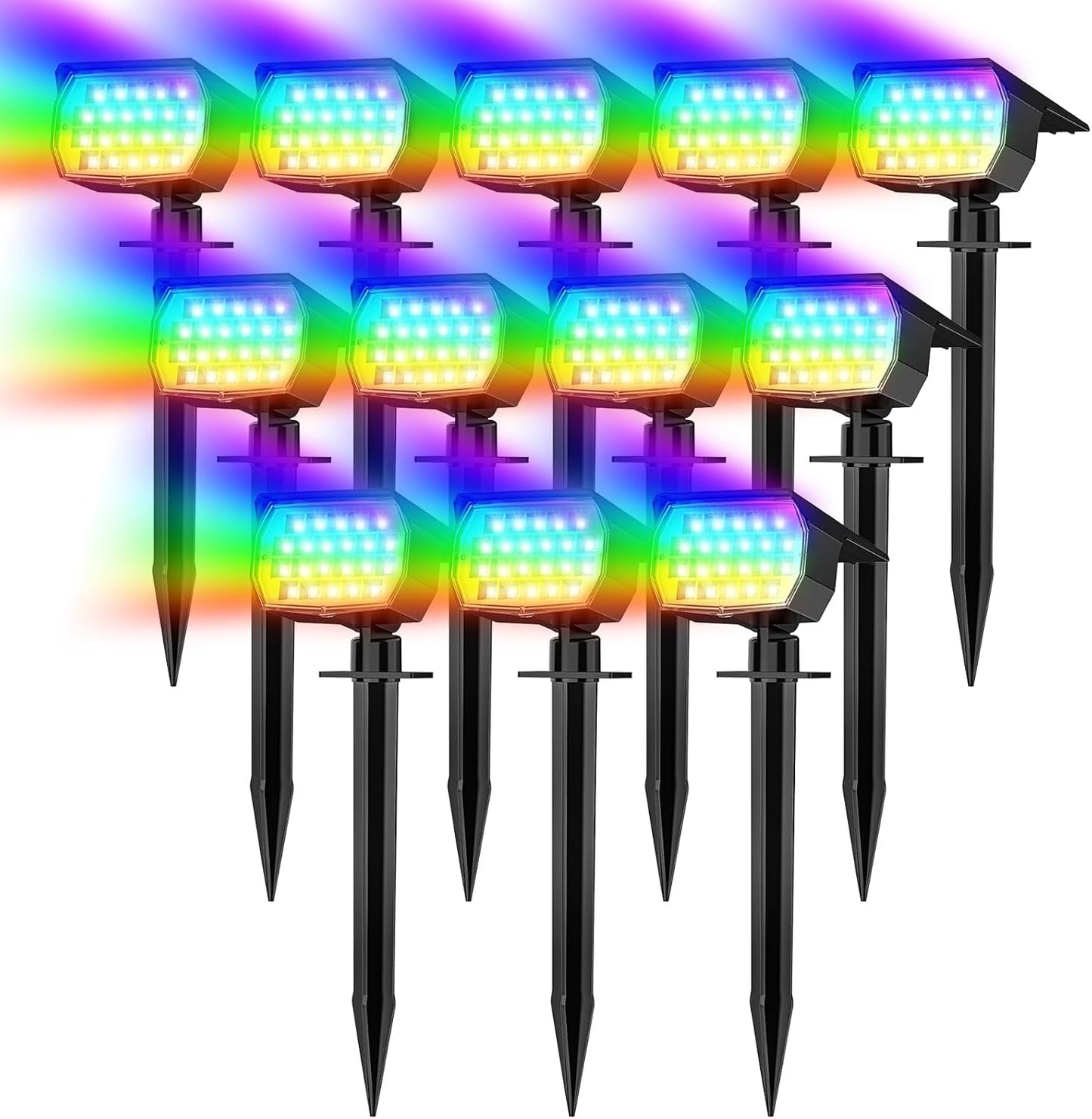 Solar Spot Lights Outdoor Waterproof IP65, 12 Pack Landscape Spotlights with 46 LEDs, 3 Modes Auto On/Off Solar Powered Flood Lights for Outside Pathway, Yard, Garden, Walkway (Warm White)