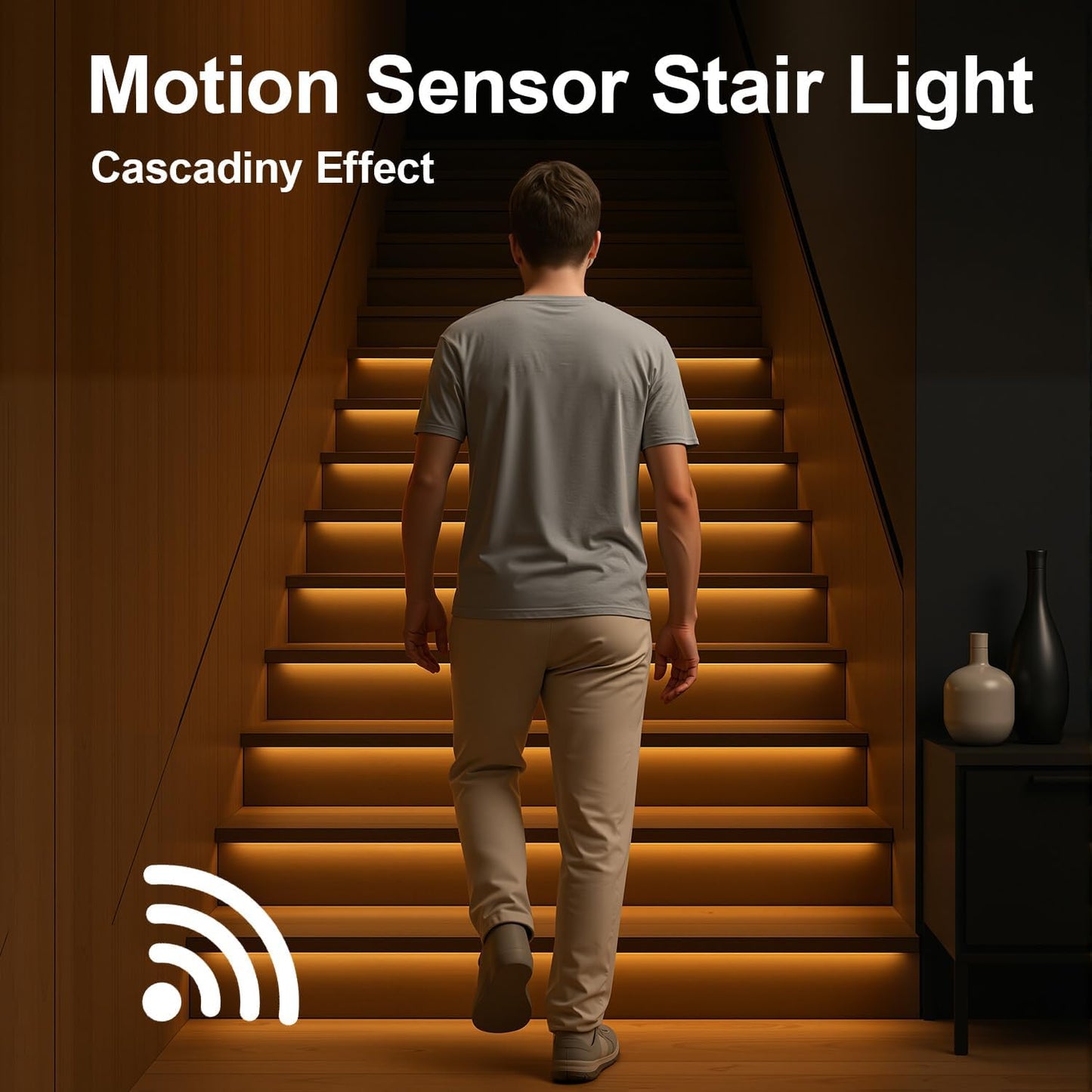 Intelligent Motion Triggered LED Stair Lighting Kit, 60 Inches Long Cuttable LED Strip Light for Indoor Stair Lights (Warm White 3000K, 10-15 Stairs)