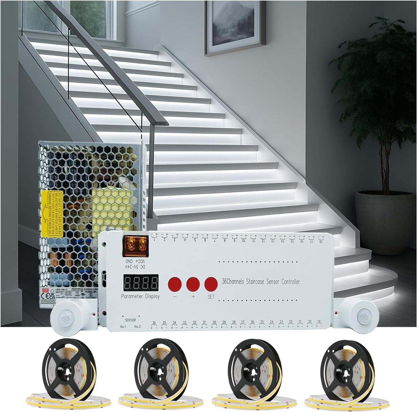 Motion Triggered LED Stair Lights Indoor, 40" Cuttable Motion Sensor COB LED Strip Light Kit with 9 Modes Ideal for Indoor Step Lights(Warm White 3000K, 16 Stairs)