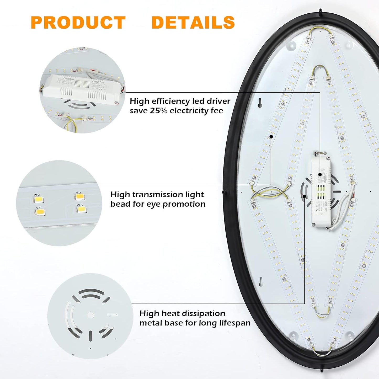 DLLT 65W Dimmable LED Flush Mount Ceiling Light with Remote, 32" Oval Brush Nickel Finish Close to Ceiling Light Fixture for Bedroom/Living Room/Kitchen Lighting, 3CCT Adjustable, Black