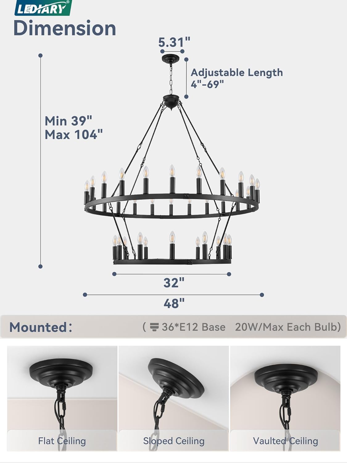 LEDIARY 48 Inch 36-Light Wagon Wheel Chandelier, 2 Tier Black Farmhouse Chandeliers for Dining Room, Modern Rustic Extra Large Round Hanging Light Fixture for High Ceilings, Living Room, Foyer