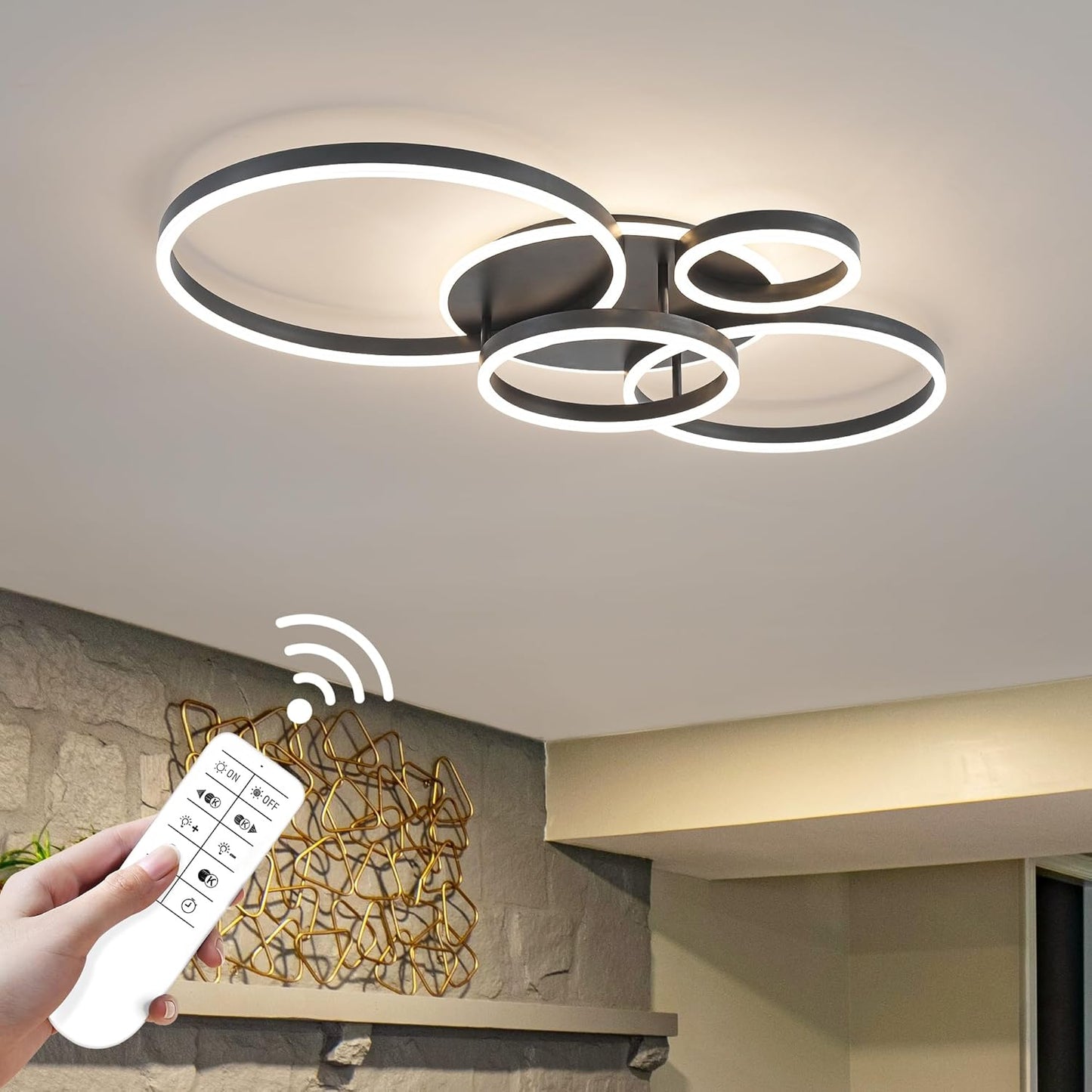 O'NEELDY Modern LED Ceiling Light White Flush Mount Ceiling Lights Fixtures Dimmable 47" Dining Room Light Fixture with Remote 6 Rings Kitchen Lighting Fixtures Ceiling Lamp for Bedroom,Living Room