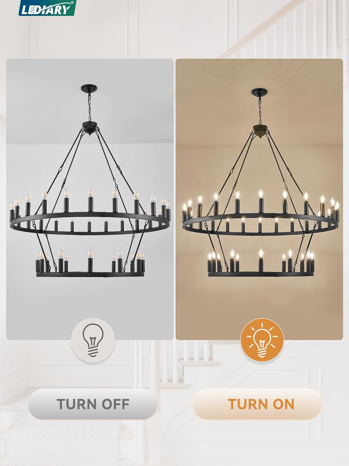 LEDIARY 48 Inch 36-Light Wagon Wheel Chandelier, 2 Tier Black Farmhouse Chandeliers for Dining Room, Modern Rustic Extra Large Round Hanging Light Fixture for High Ceilings, Living Room, Foyer