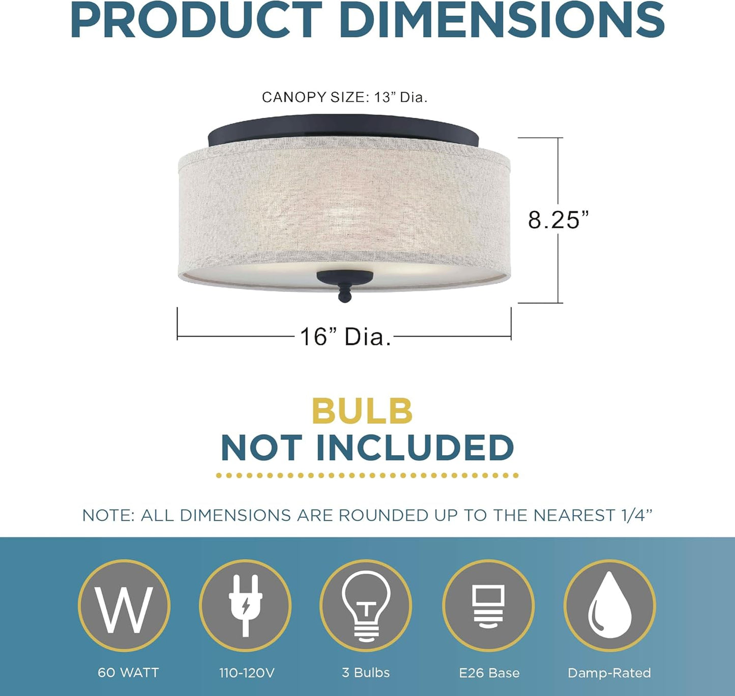 Ouoizel Blanche 3-Light Round Flush Mount Ceiling Light, 16" Drum Light, Beige Fabric Shade & Matte Black Canopy, Transitional Close to Ceiling Light Fixtures for Home, Kitchen or Office Lighting