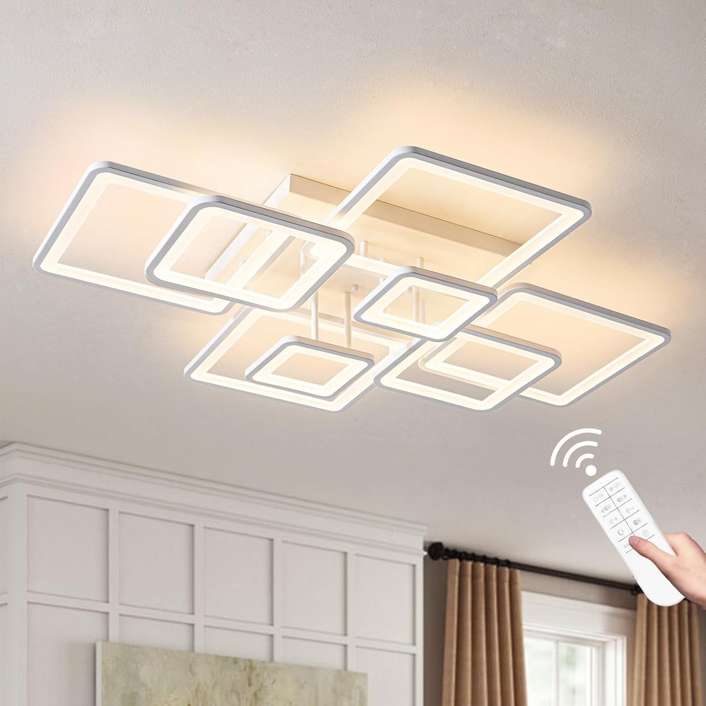 Modern LED Ceiling Light Fixture Black Kitchen Lighting Fixtures Ceiling for Bedroom 31.5" Dimmable 6 Ring Square Ceiling Light for Kitchen with Remote Control for Living Room,Dining Room