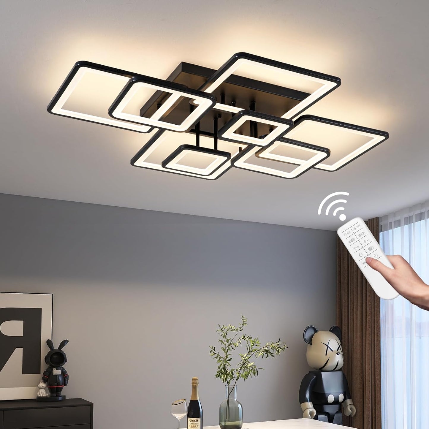 Modern LED Ceiling Light Fixture Black Kitchen Lighting Fixtures Ceiling for Bedroom 31.5" Dimmable 6 Ring Square Ceiling Light for Kitchen with Remote Control for Living Room,Dining Room