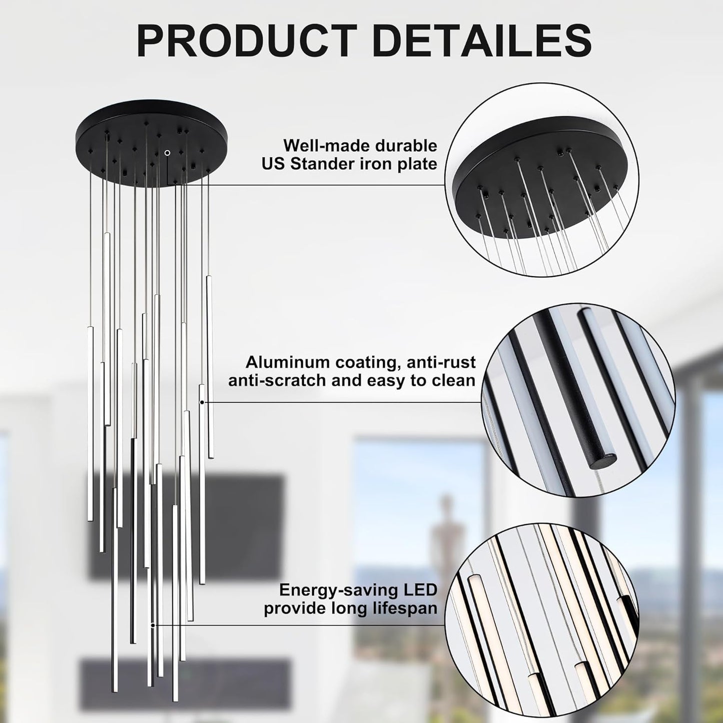 Modern LED Chandelier Clustered Led Pendant Light 18 Lights Dimmable High Ceiling Large Hanging Lighting Fixture for Loft Villa Living Room Stairs Foyer Chandelier,Black