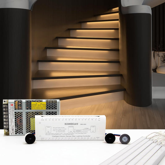 Motion-Activated Cascading Effect LED Stair Lighting Kit KMG-3233, 23.6" Aluminum Light Bar for Indoor Staircases (Warm White 3000K, 16 Stairs)