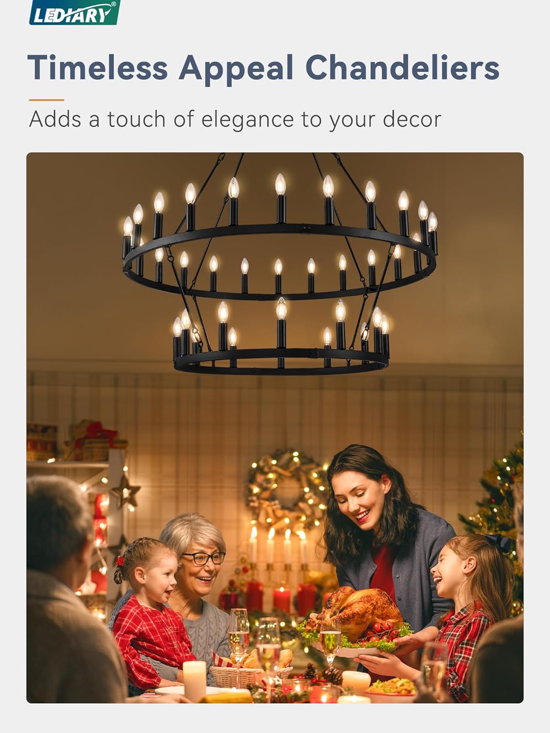 LEDIARY 48 Inch 36-Light Wagon Wheel Chandelier, 2 Tier Black Farmhouse Chandeliers for Dining Room, Modern Rustic Extra Large Round Hanging Light Fixture for High Ceilings, Living Room, Foyer