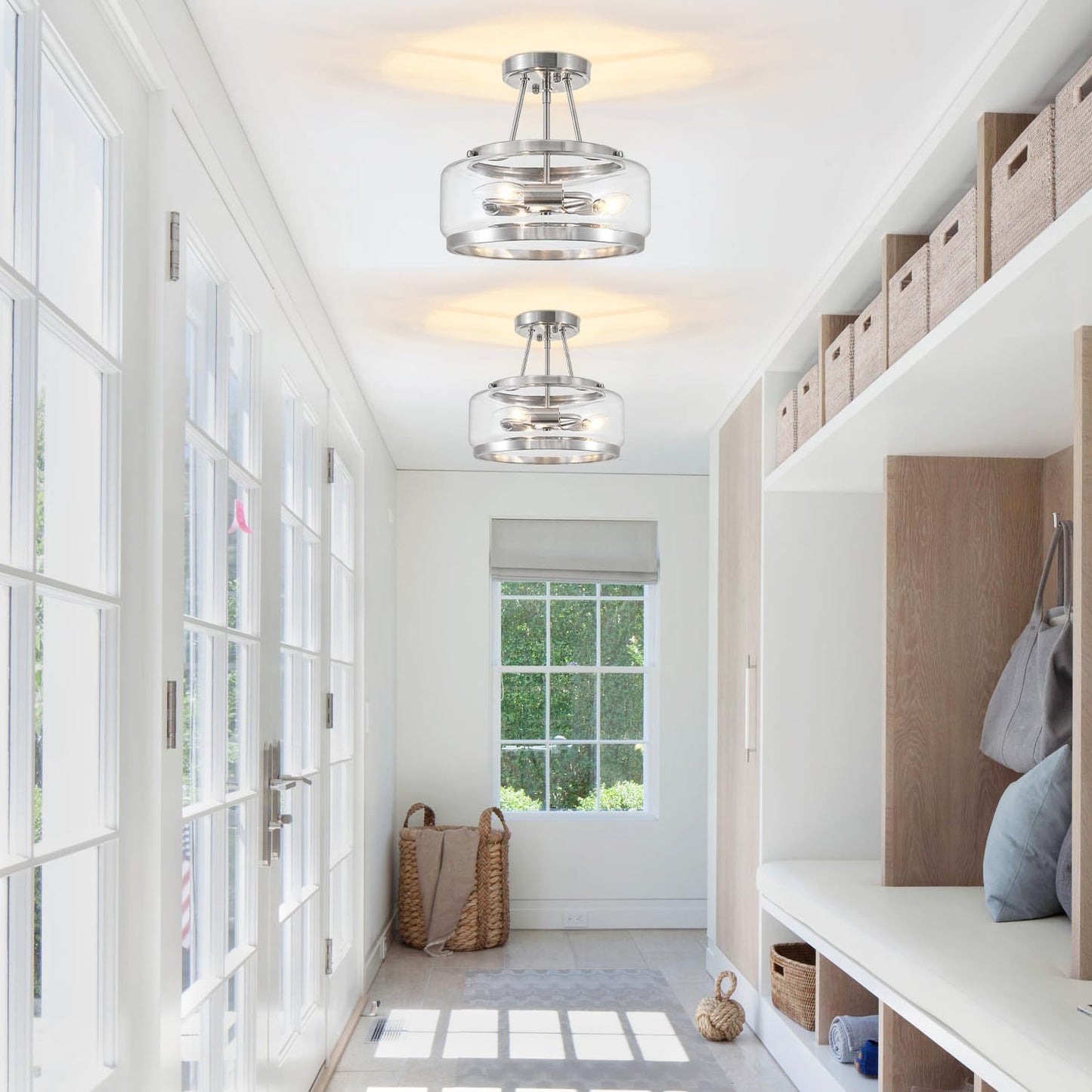 Brushed Nickel Modern Glass Ceiling Light, 3-Light Drum Semi Flush Mount Ceiling Light Fixture, Entryway Light Fixture, Ceiling Lamp for Hallway Bedroom Laundry Kitchen Dining Room Lighting, UL-Listed