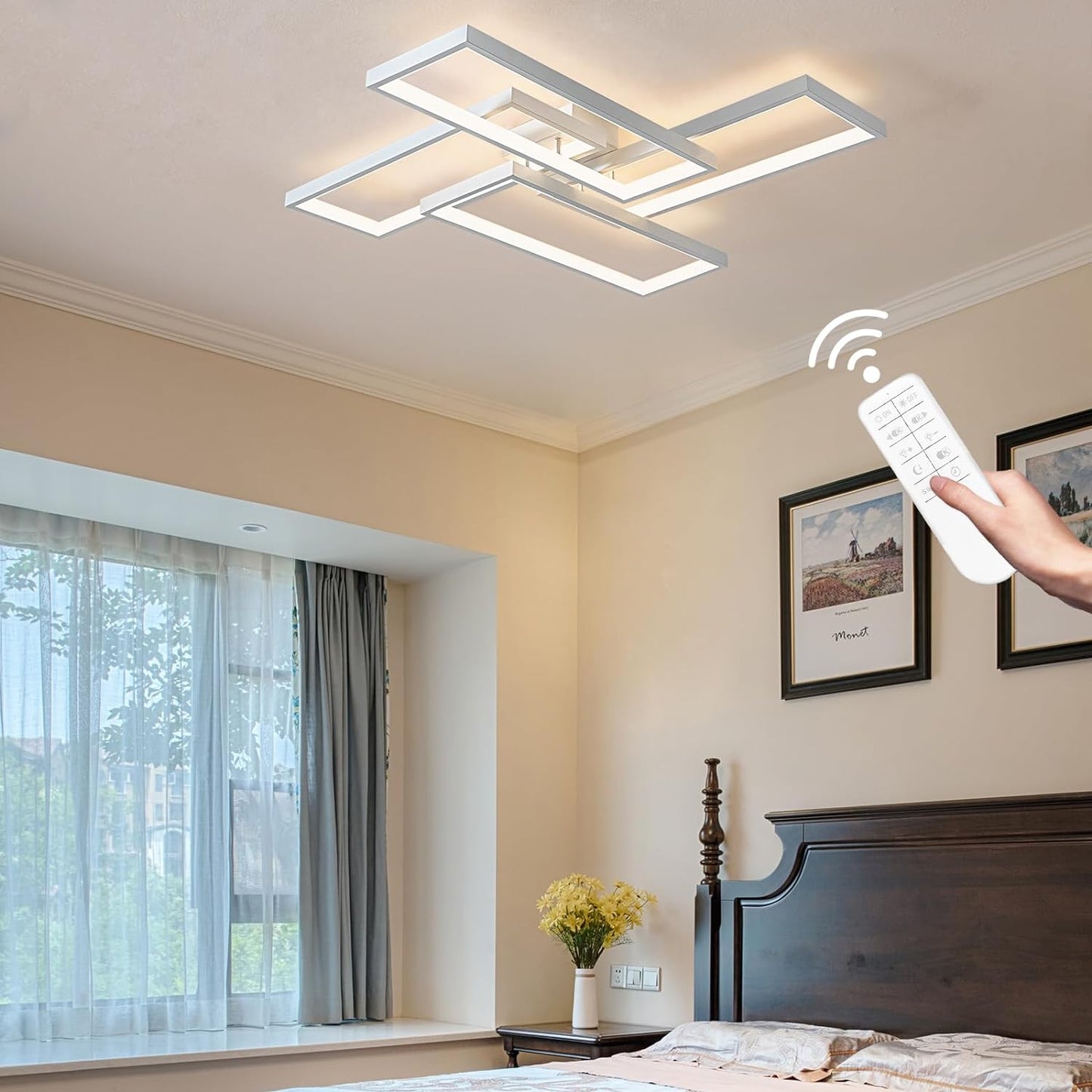Modern LED Ceiling Light Fixture Black Kitchen Lighting Fixtures Ceiling for Bedroom 31.5" Dimmable 6 Ring Square Ceiling Light for Kitchen with Remote Control for Living Room,Dining Room
