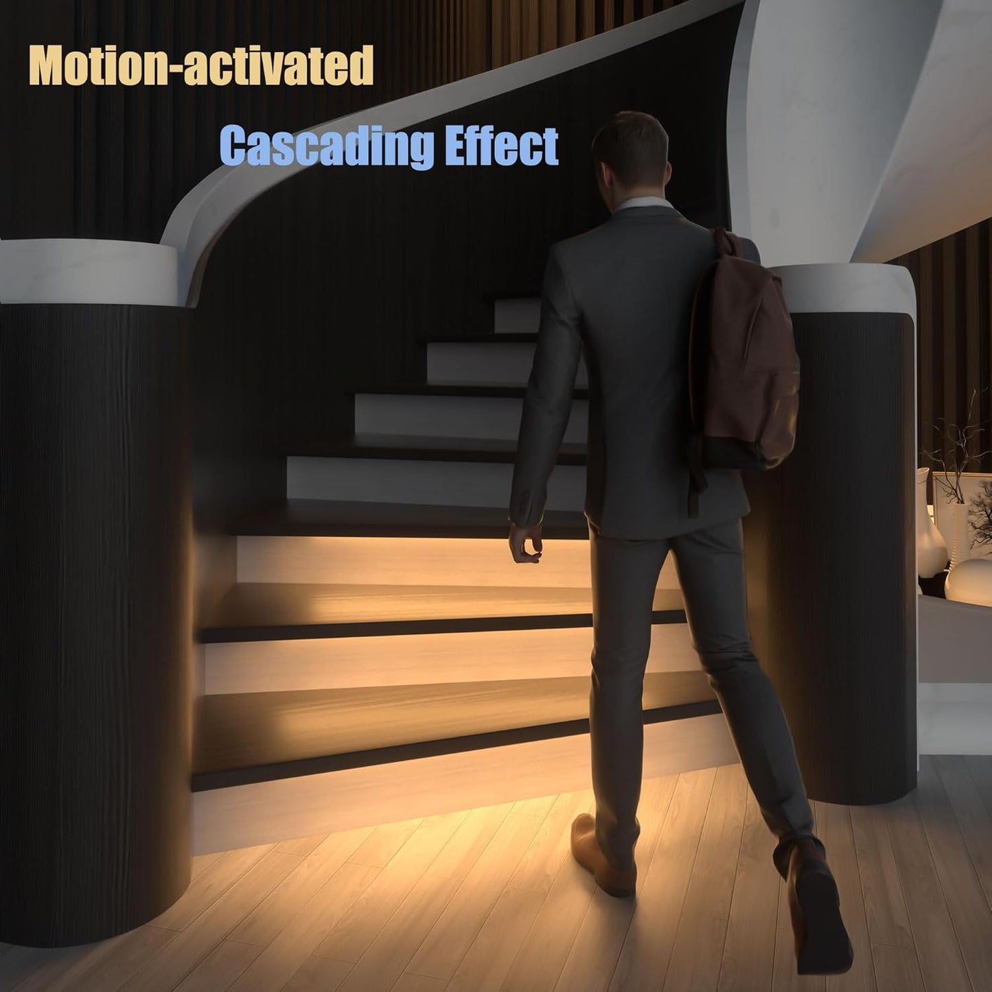 Motion-Activated Cascading Effect LED Stair Lighting Kit KMG-3233, 23.6" Aluminum Light Bar for Indoor Staircases (Warm White 3000K, 16 Stairs)