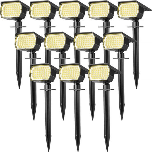 Solar Spot Lights Outdoor Waterproof IP65, 12 Pack Landscape Spotlights with 46 LEDs, 3 Modes Auto On/Off Solar Powered Flood Lights for Outside Pathway, Yard, Garden, Walkway (Warm White)