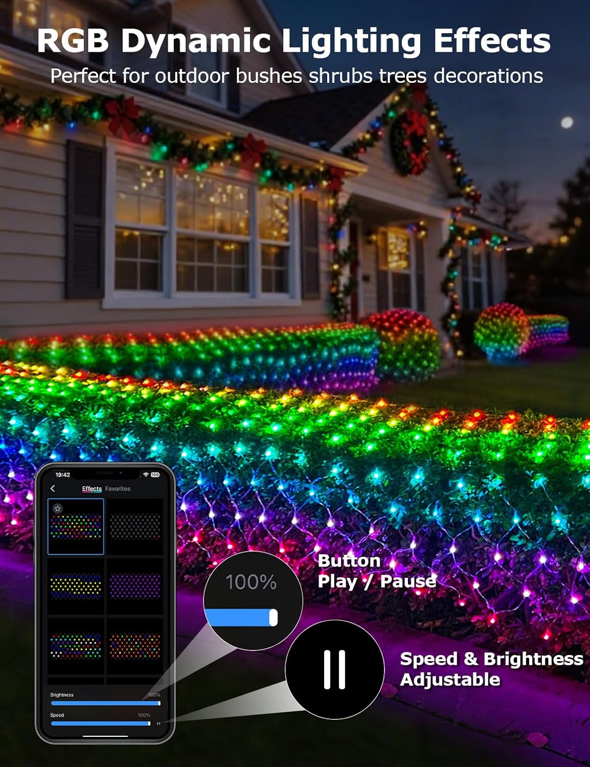 Smart Outdoor Net Lights 4 * 18ft with RGBW DIY Modes, 300 LEDs Christmas Net Lights with 100+ Preset Scenes and Timer Music Sync, Waterproof for Bushes Shrubs Tree Decoration, APP & Remote Control