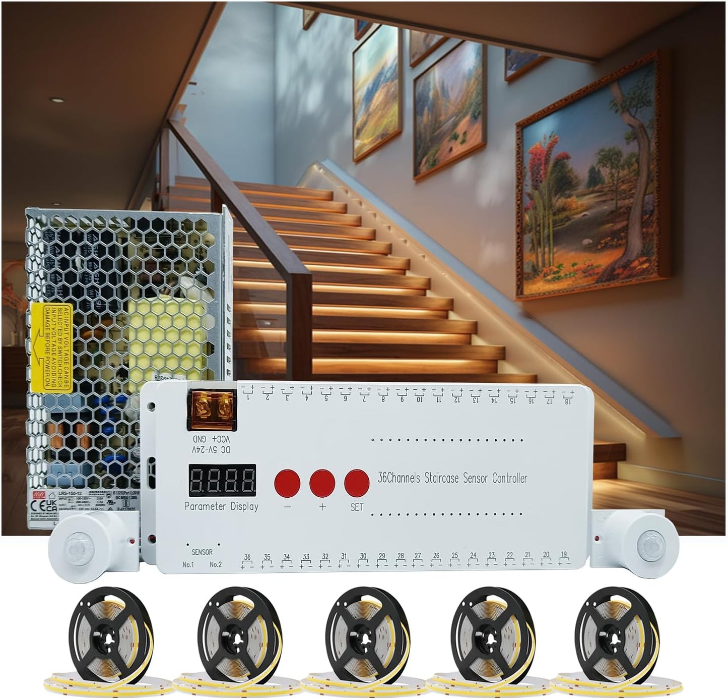 Motion Triggered LED Stair Lights Indoor, 40" Cuttable Motion Sensor COB LED Strip Light Kit with 9 Modes Ideal for Indoor Step Lights(Warm White 3000K, 16 Stairs)