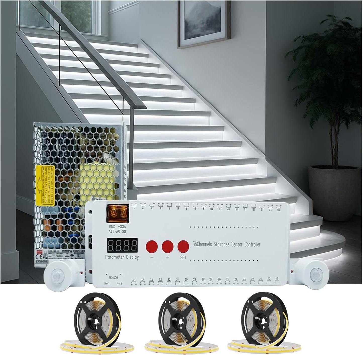 Motion Triggered LED Stair Lights Indoor, 40" Cuttable Motion Sensor COB LED Strip Light Kit with 9 Modes Ideal for Indoor Step Lights(Warm White 3000K, 16 Stairs)