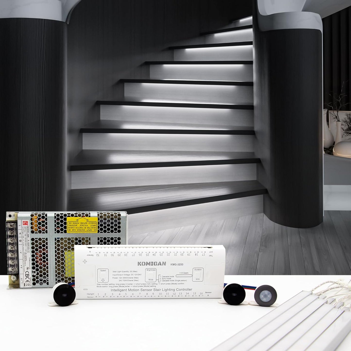 Motion-Activated Cascading Effect LED Stair Lighting Kit KMG-3233, 23.6" Aluminum Light Bar for Indoor Staircases (Warm White 3000K, 16 Stairs)
