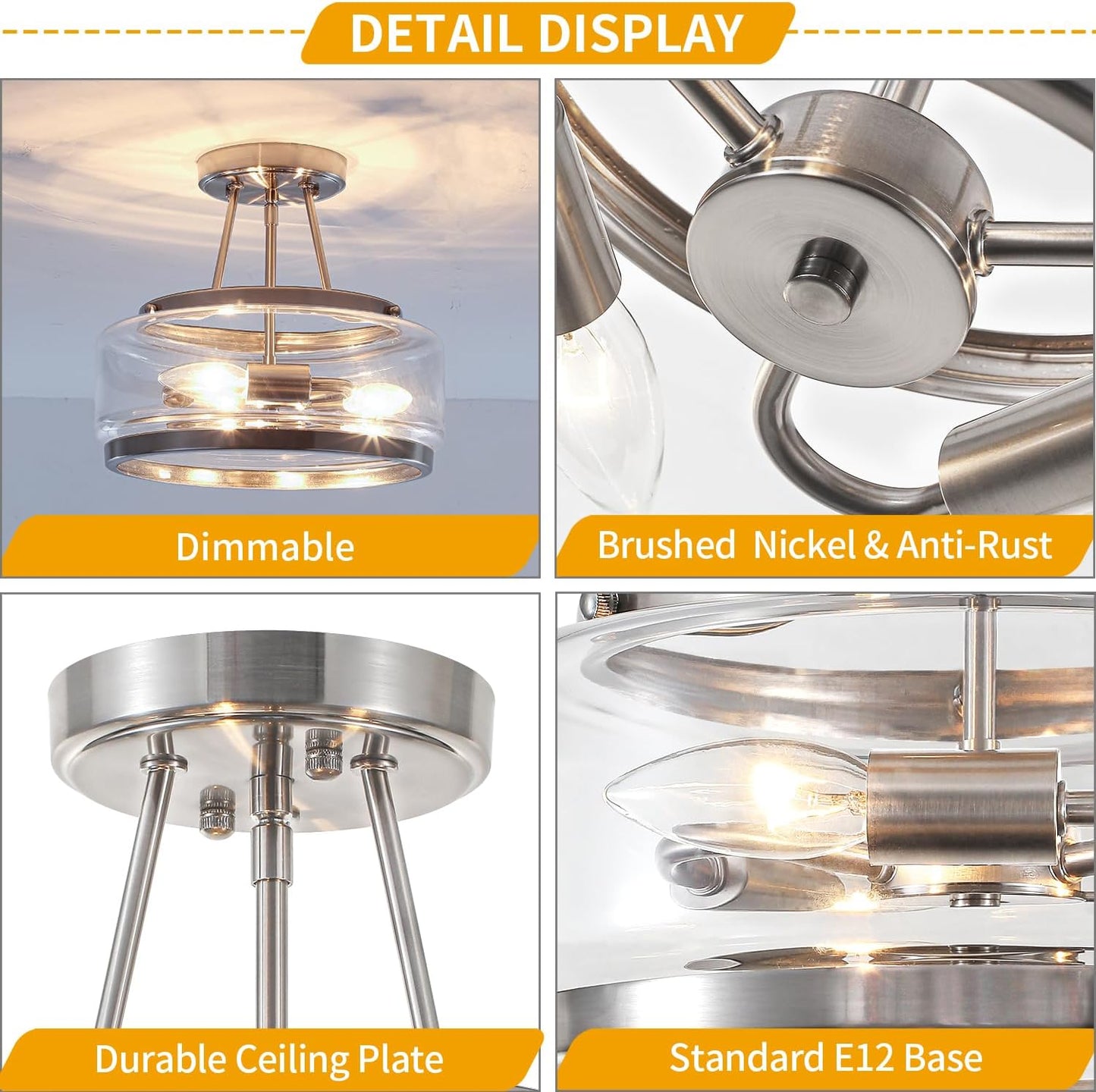 Brushed Nickel Modern Glass Ceiling Light, 3-Light Drum Semi Flush Mount Ceiling Light Fixture, Entryway Light Fixture, Ceiling Lamp for Hallway Bedroom Laundry Kitchen Dining Room Lighting, UL-Listed