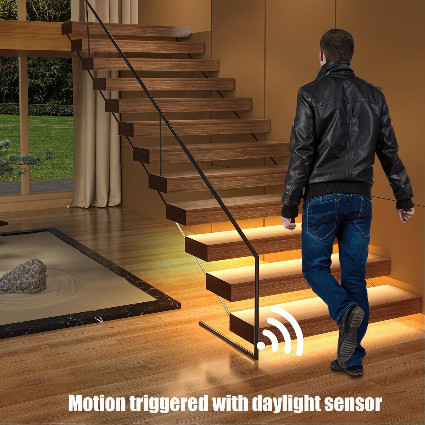 RW-5630 Motion-Activated LED Stair Lighting Kit with Daylight Sensor, 48" Warm White 3000K Cuttable Strip Light for Indoor LED Stair Lights (16 Steps)