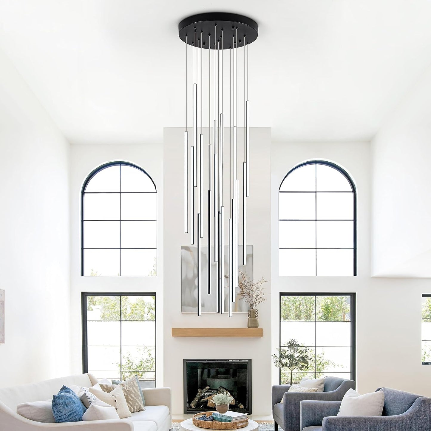 Modern LED Chandelier Clustered Led Pendant Light 18 Lights Dimmable High Ceiling Large Hanging Lighting Fixture for Loft Villa Living Room Stairs Foyer Chandelier,Black