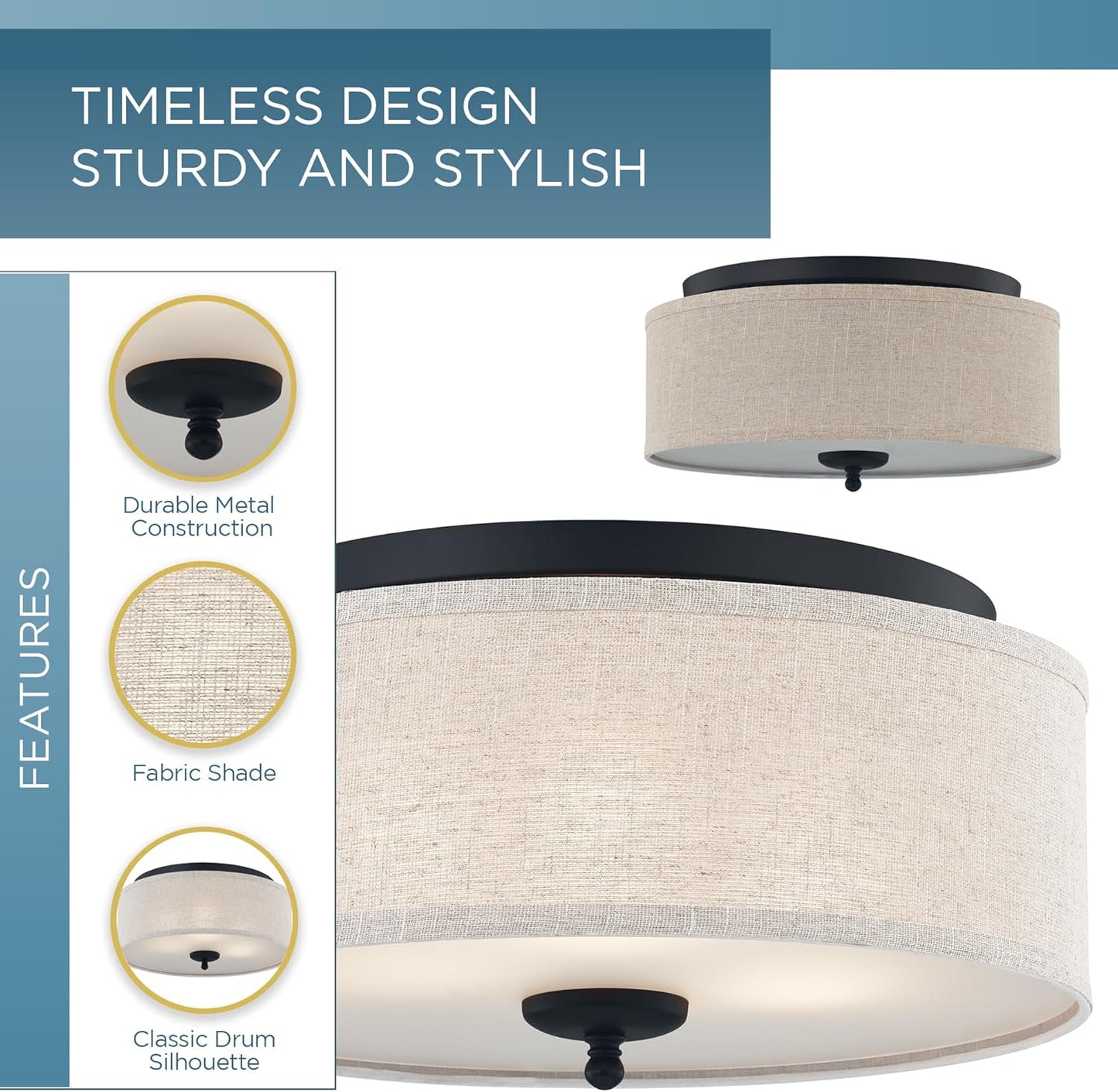 Ouoizel Blanche 3-Light Round Flush Mount Ceiling Light, 16" Drum Light, Beige Fabric Shade & Matte Black Canopy, Transitional Close to Ceiling Light Fixtures for Home, Kitchen or Office Lighting