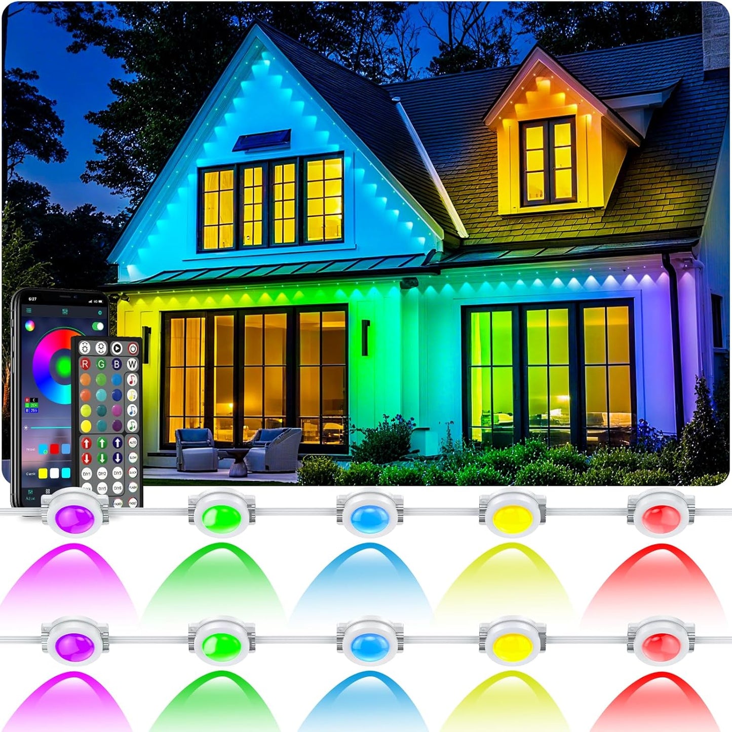 150FT Permanent Outdoor RGB Lights - Waterproof Smart LED Eaves Lights with App/Remote Control, Music Sync & DIY Scenes, Perfect for Christmas, Halloween, Parties & Daily Decor, Ideal for House Roof
