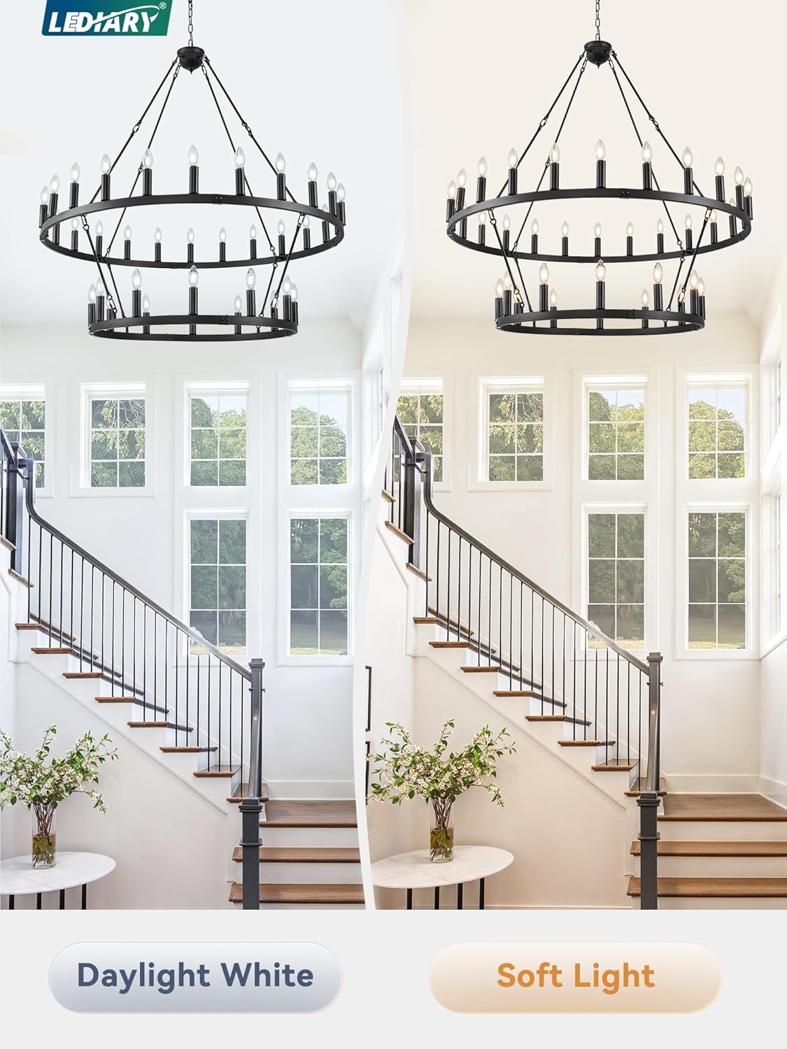 LEDIARY 48 Inch 36-Light Wagon Wheel Chandelier, 2 Tier Black Farmhouse Chandeliers for Dining Room, Modern Rustic Extra Large Round Hanging Light Fixture for High Ceilings, Living Room, Foyer